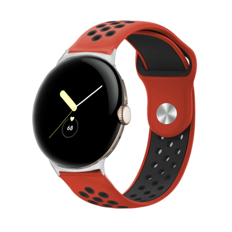 Two-color silicone watch band with reverse buckle, red and black with paw print holes