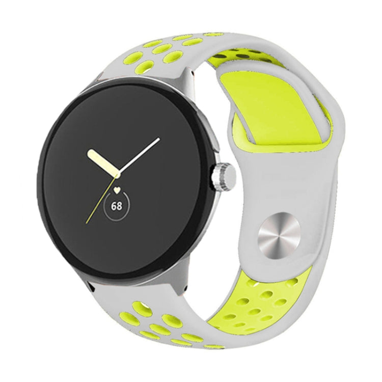 Two-color silicone watch band with reverse buckle, white and neon green with paw print dots