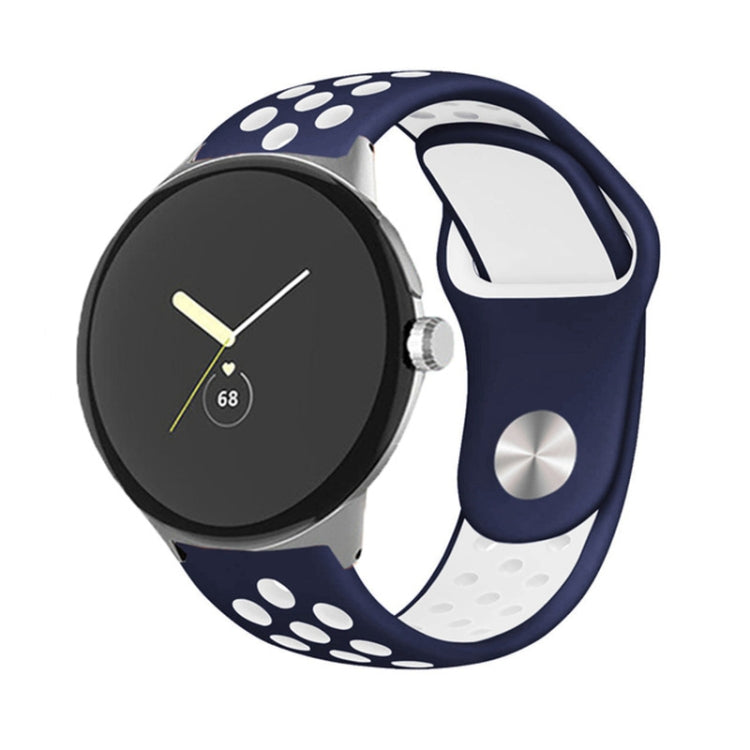 Two-color silicone watch band with reverse buckle, navy and white with paw print dots