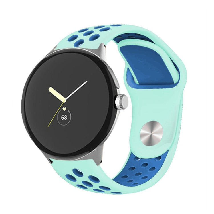 Two-color silicone watch band with reverse buckle, mint green and teal with paw print dots