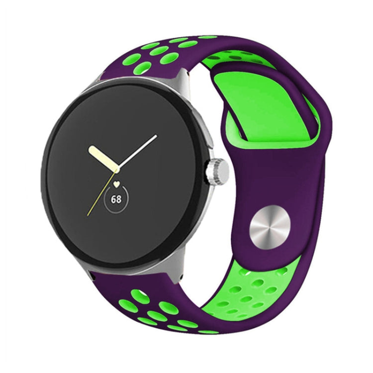 Two-color silicone watch band with reverse buckle, purple and neon green with paw print dots