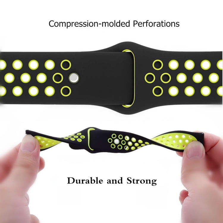 Two-color silicone watch band, black with neon green perforations and reverse buckle