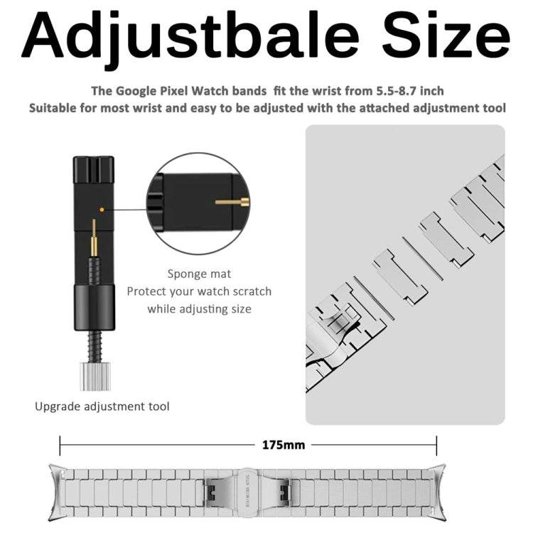 Adjustable metal watch band with butterfly buckle clasp and included sizing tool