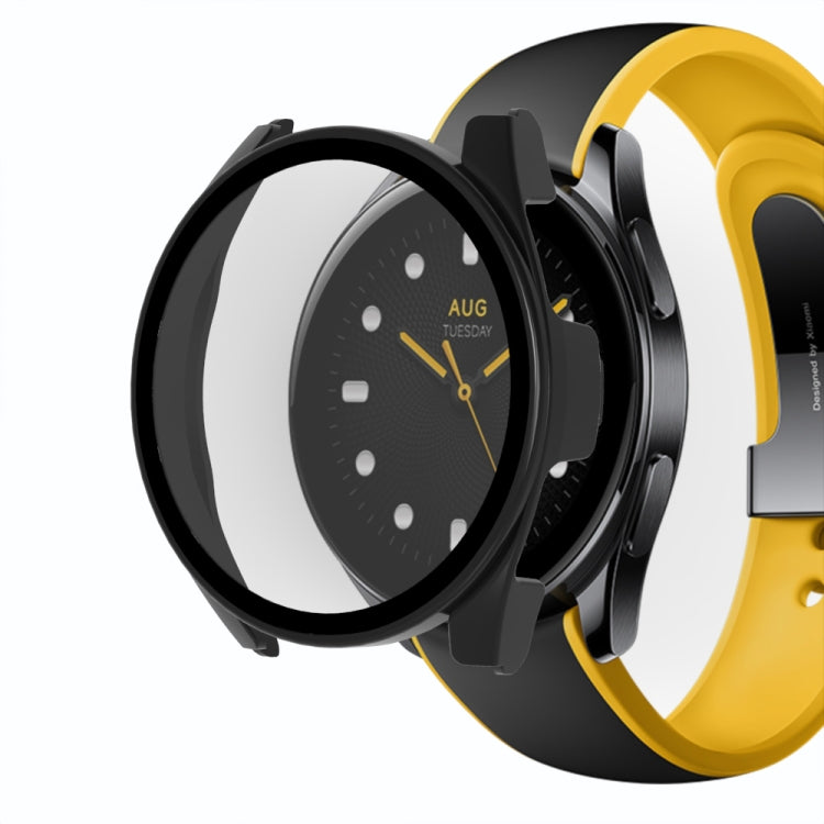 Black 9H tempered glass protective watch case with integrated bezel on smartwatch