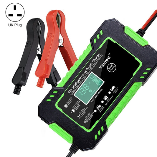 Motorcycle and car battery smart charger with LCD screen, UK plug clips, green accents.