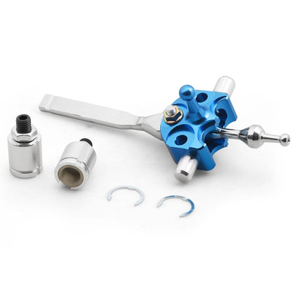 Aluminum gear shift lever set with blue billet base, chrome lever arms, and included clips