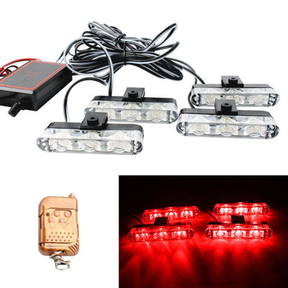 Car grille LED warning light set with remote; four clear light bars glowing red