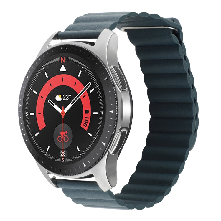 Dark teal magnetic loop watch band with metal buckle and smartwatch face