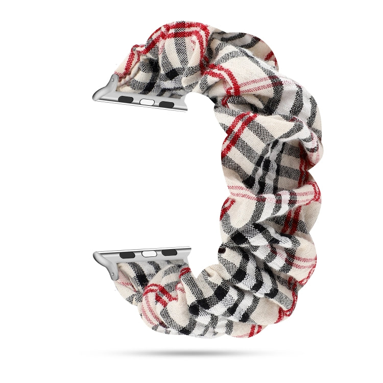 Cloth Apple Watch ring watchband, white/black plaid with red accents, scrunch style