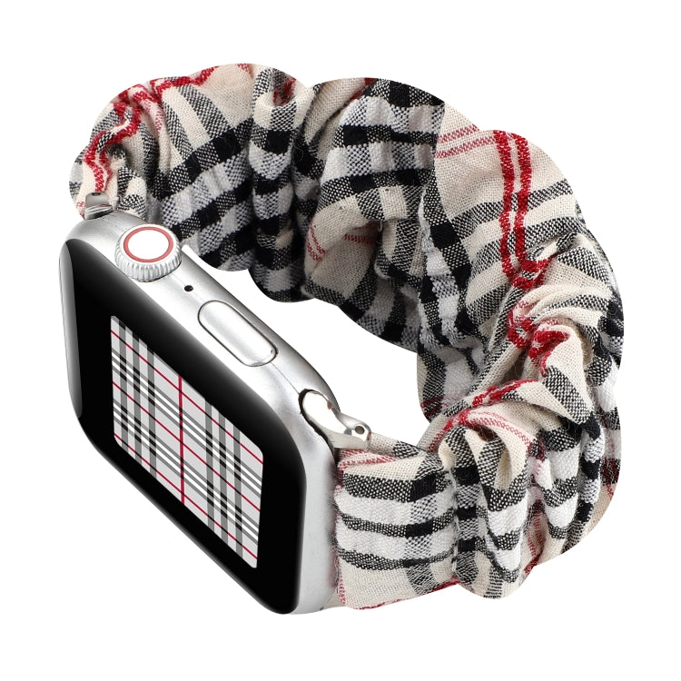 Cloth Apple Watch ring watchband, close-up plaid cloth band with red line detail