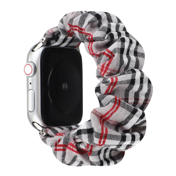 Cloth Apple Watch ring watchband, plaid scrunch band in gray, black, and red