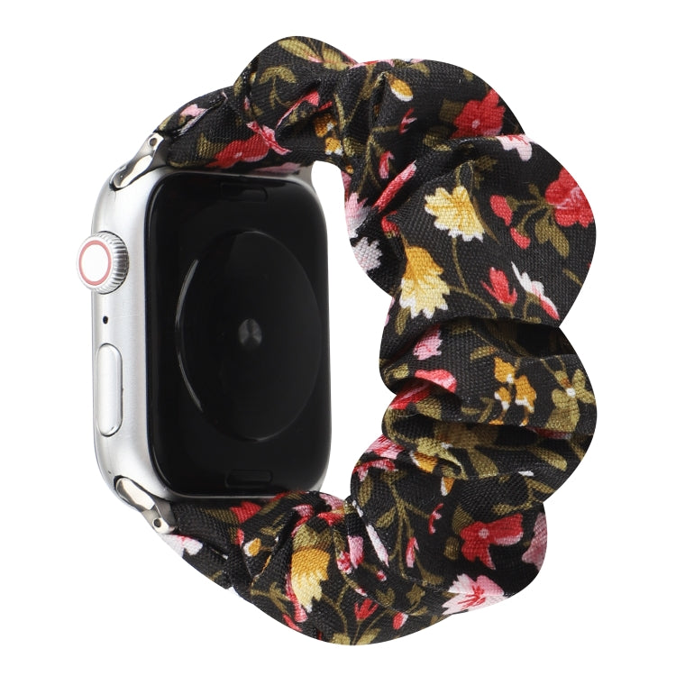 Cloth hair ring Apple Watch band with black fabric and multicolor flower print