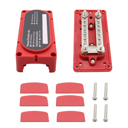 Red 12-way M6 terminal busbar with label, included covers, and mounting screws