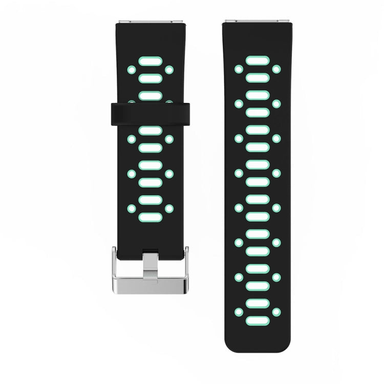 Two-tone silicone watchband, side view; black with green accents and metal buckle