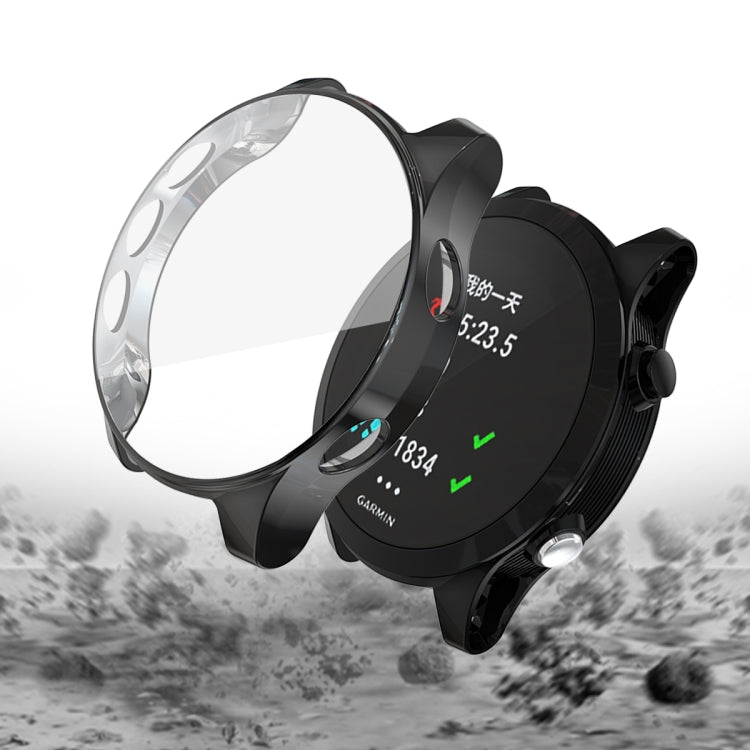 Black TPU watch case with clear front and Garmin-style watch face cutouts