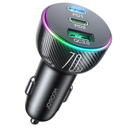 Car USB-C charger with 3 ports (PD1, PD2, QC3.0) and glowing LED ring, black