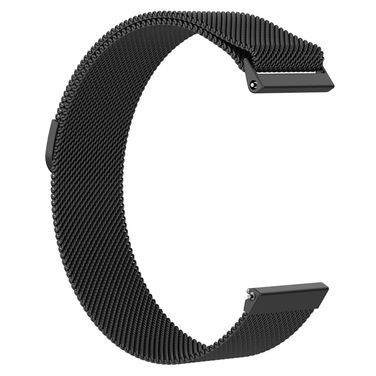 Black Milanese mesh watch band with two-piece metal buckle ends.
