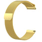 Gold Milanese replacement watch strap with rectangular metal buckle and woven mesh.