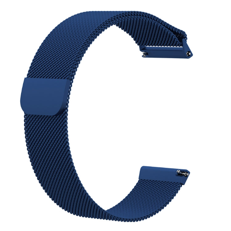 Blue Milanese mesh watch strap with blue metal buckle and fold-over clasp