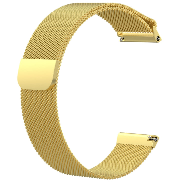 Gold milanese-style wrist strap with metal clasp ends and fine mesh texture.