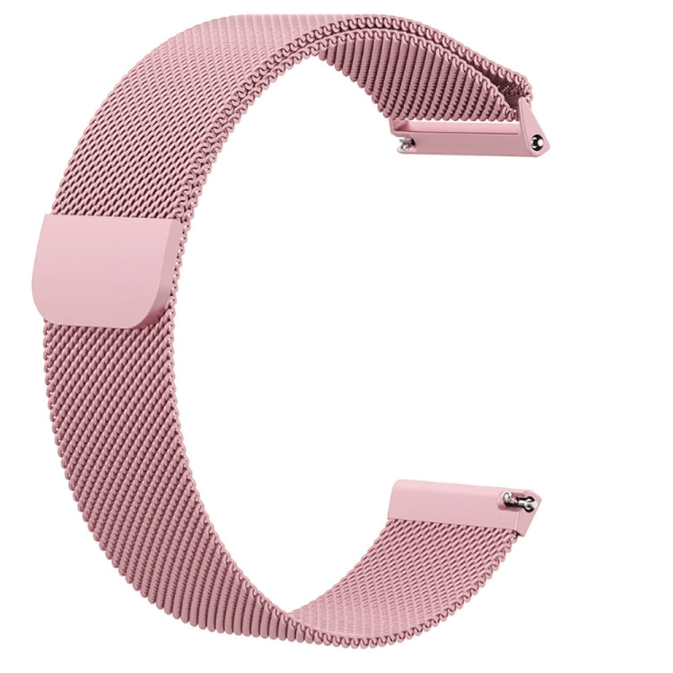 Rose pink woven milanese wrist strap with rectangular metal clasp ends.