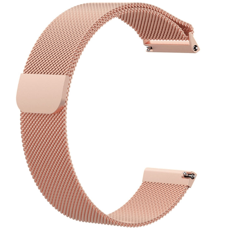 Rose pink Milanese mesh watch strap with rose-gold style metal buckle and clasp