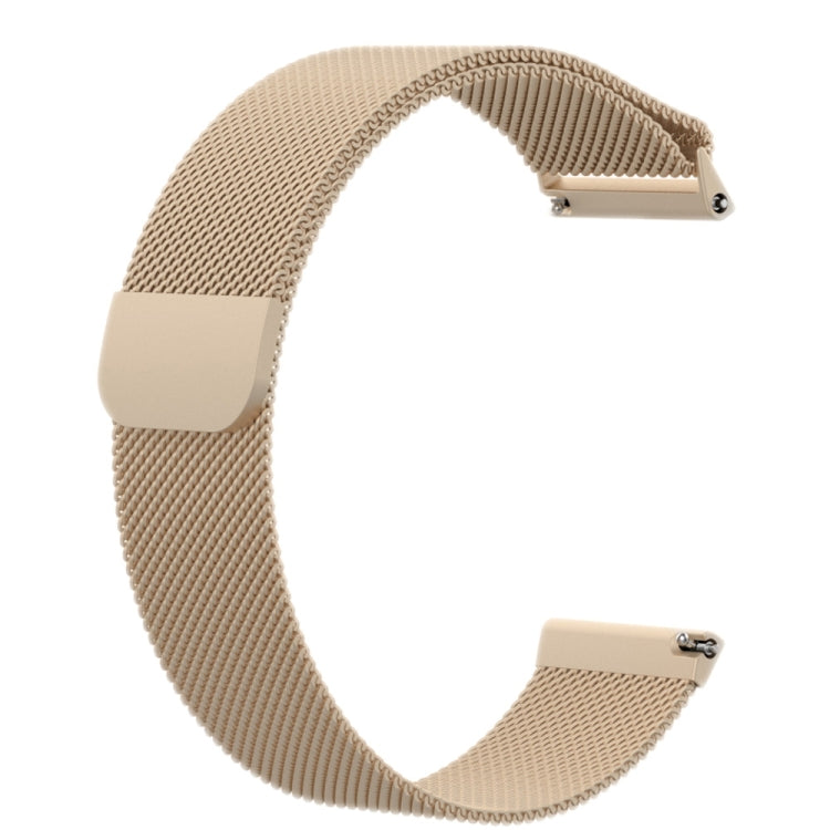 Light beige Milanese mesh watch strap with light metal buckle and fold-over clasp