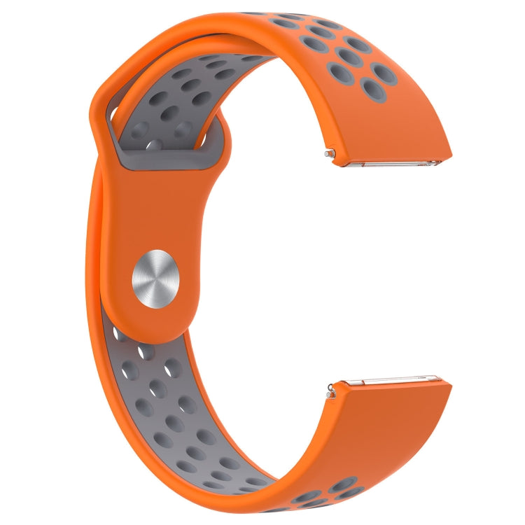 Orange silicone watchband with gray inner strap, oval cutouts, and silver clasp button.