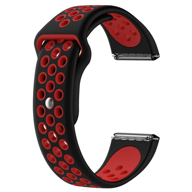 Black and red two-tone silicone watchband with oval cutouts and metal snap buckle.