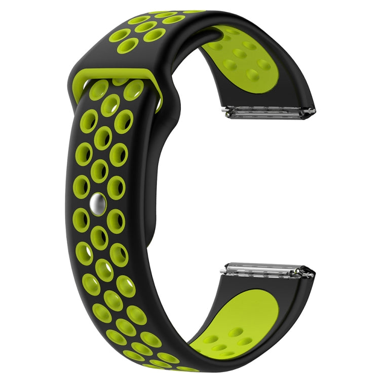 Black and neon green two-tone silicone watchband with oval cutouts and metal buckle.