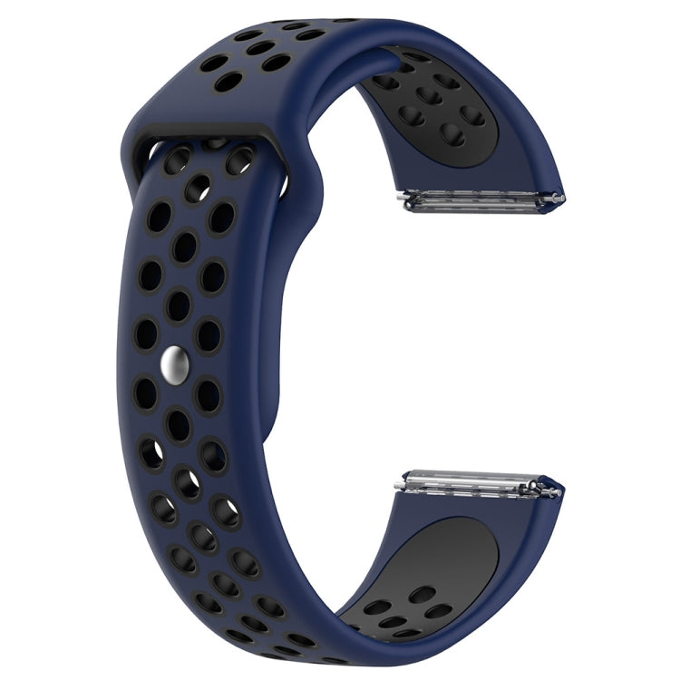 Two-tone silicone watch strap, blue with black oval perforations and metal buckle