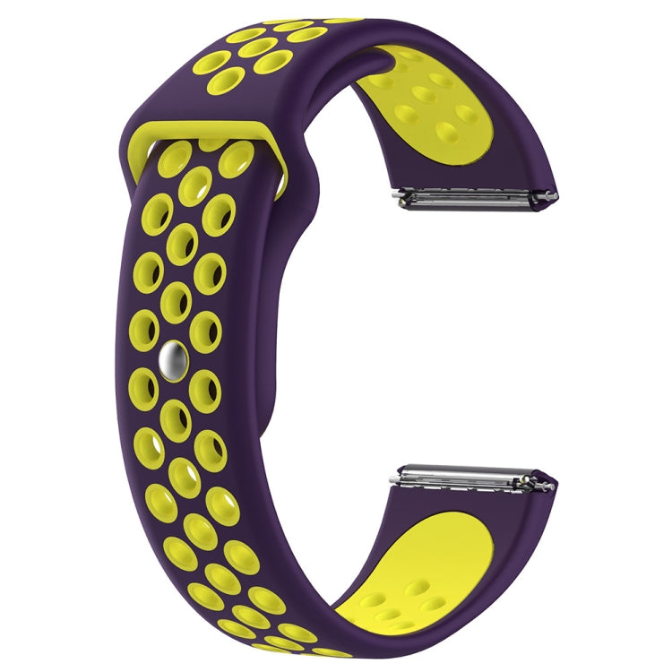 Two-tone silicone watch strap, purple with yellow oval accents and metal buckle