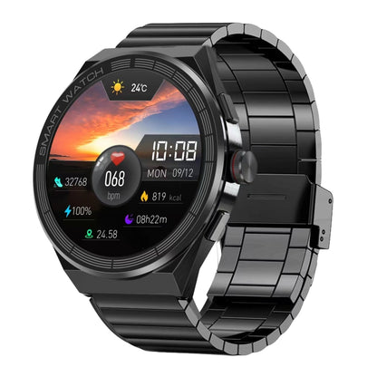 Black metal band smart watch with round display, fitness icons and time