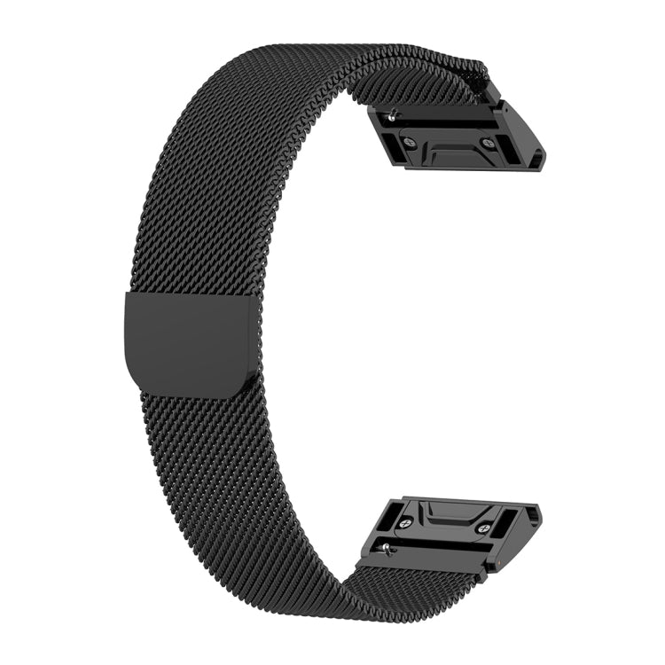 Black milanese watch strap with rectangular metal deploy clasp and smooth backing pads