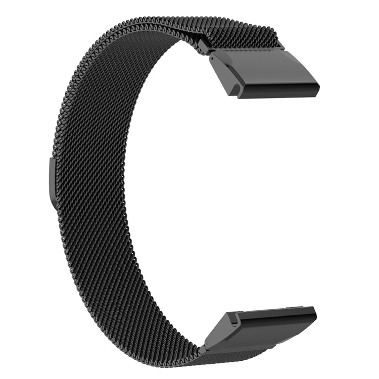 Black milanese watch strap with dark gray metal clasp ends and textured mesh links