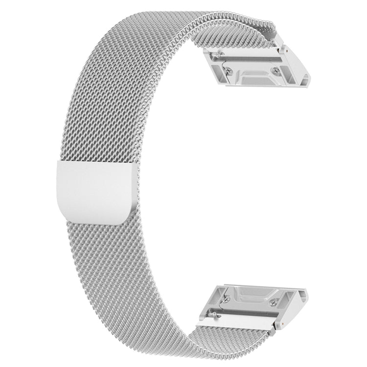 Silver/white milanese watch strap with metal deploy clasp and smooth backing pad