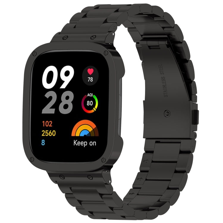 Black metal 2-in-1 watch band with protective frame, three-bead link style