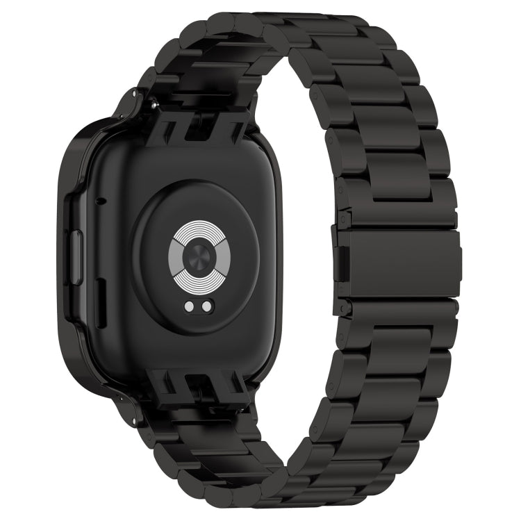 Black metal watch band with frame, three-bead links; back of watch display