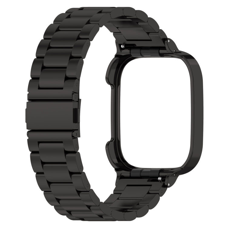 Black metal watch band with protective frame and three-bead links, side view