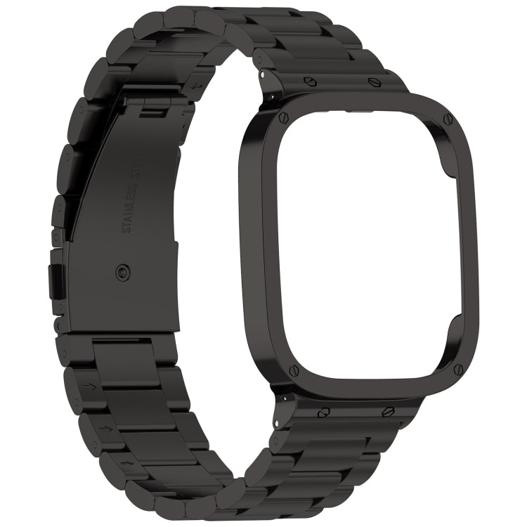 Black metal watch band with protective frame, three-bead links; band underside