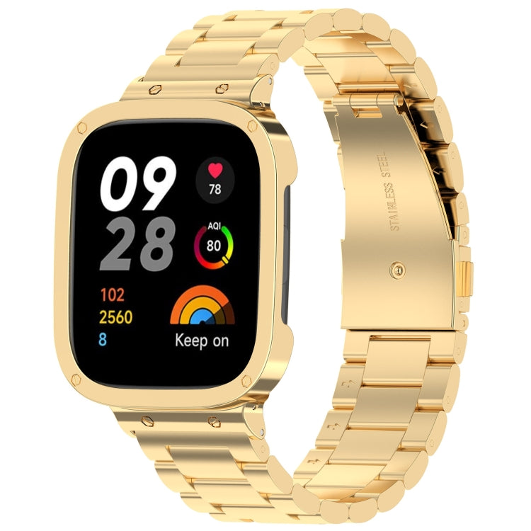 Gold metal 2-in-1 watch band with protective frame, three-bead link style