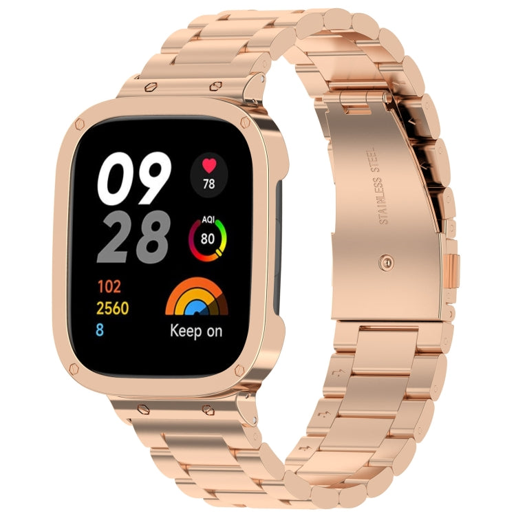 Rose gold metal 2-in-1 watch band with protective frame, three-bead link style