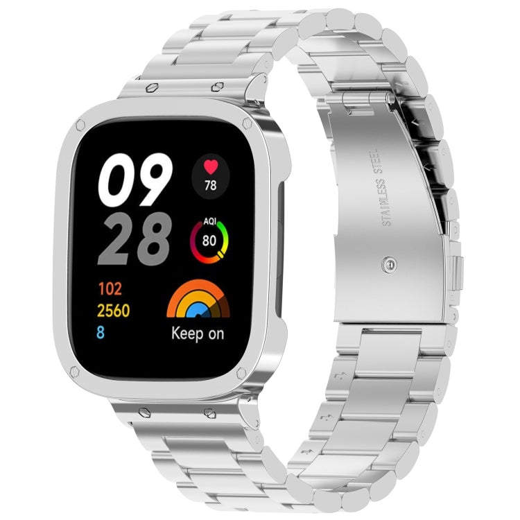Silver metal 2-in-1 watch band with protective frame, three-bead link style