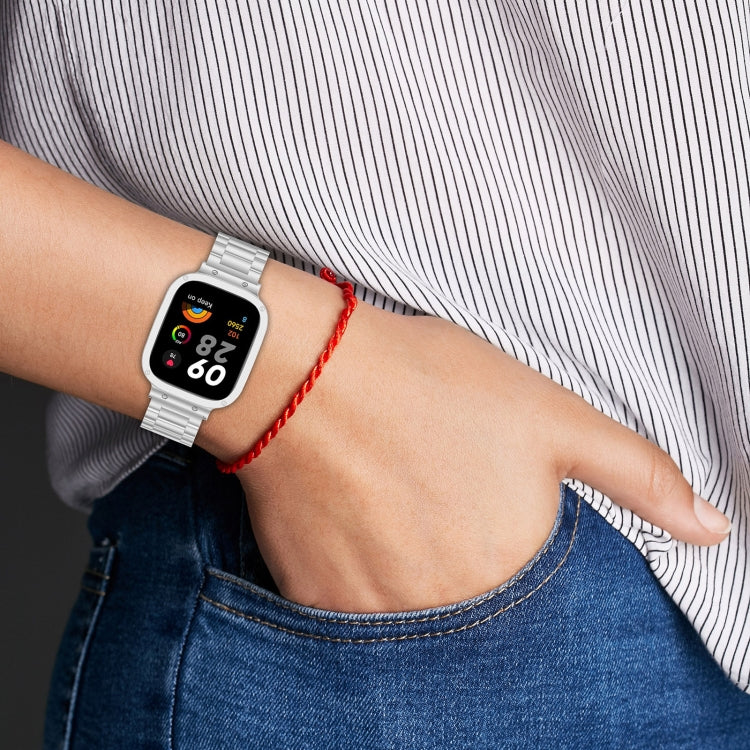 Silver metal watch band with three-bead frame and secure loop for smartwatch