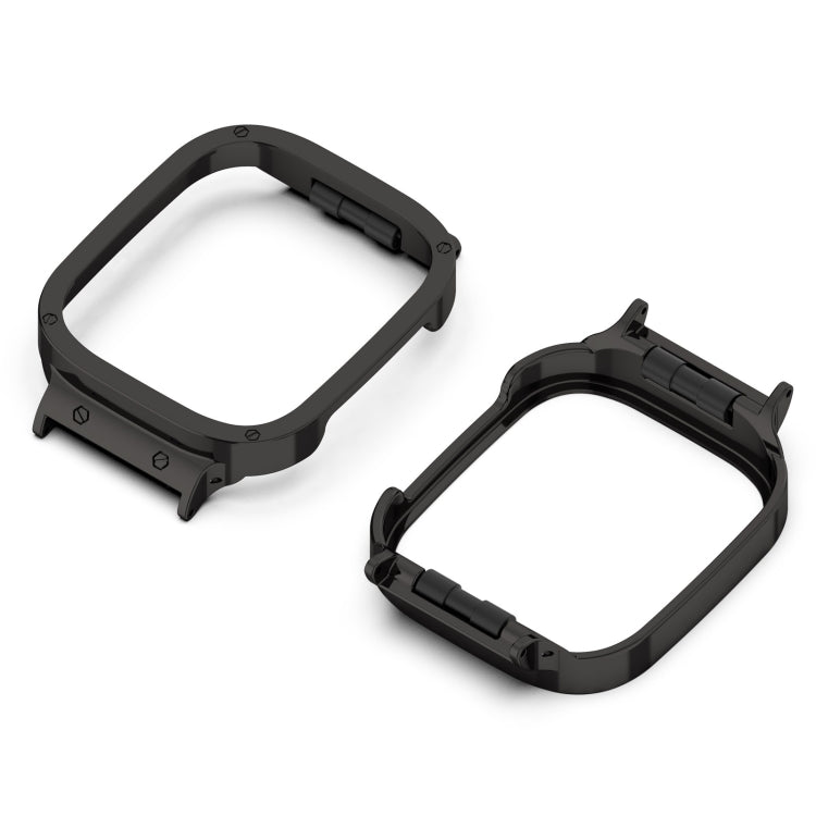 Black metal watch protective case frame with raised bezel and clips