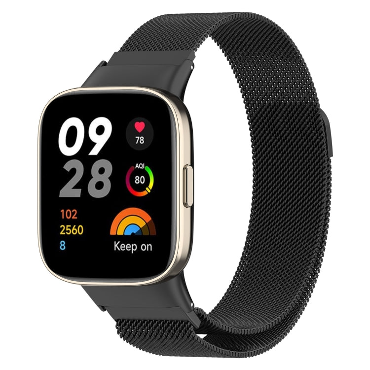 Black milanese metal watch band with mesh pattern, paired with round smart watch