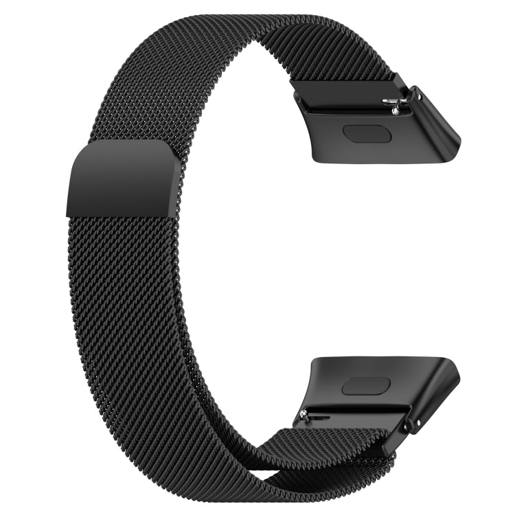 Black milanese metal watch band with top clasp and textured mesh weave
