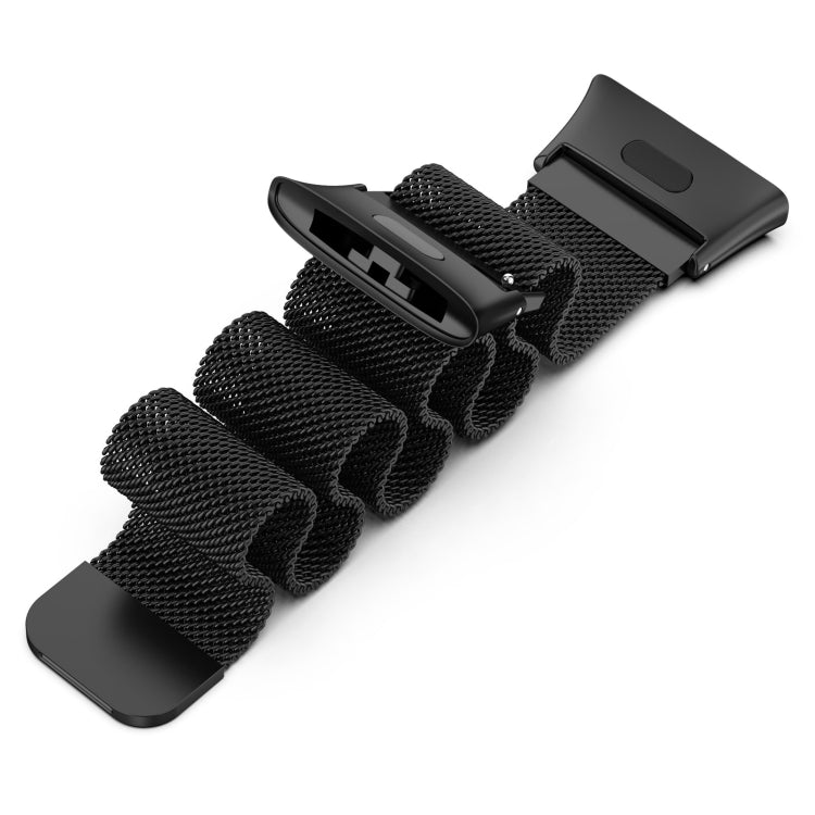 Black milanese metal watch band with mesh weave and adjustable clasp