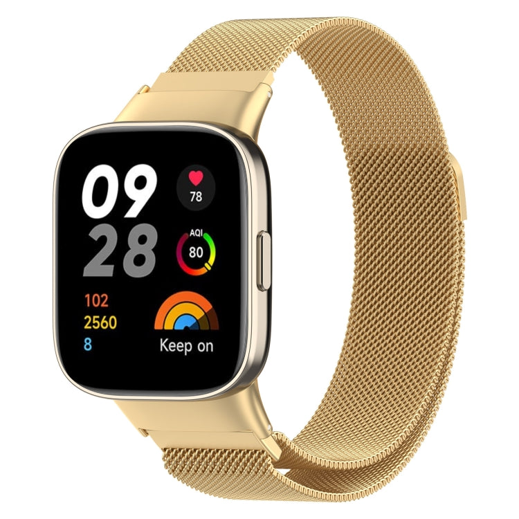Gold milanese metal watch band on smartwatch, mesh links with clasp