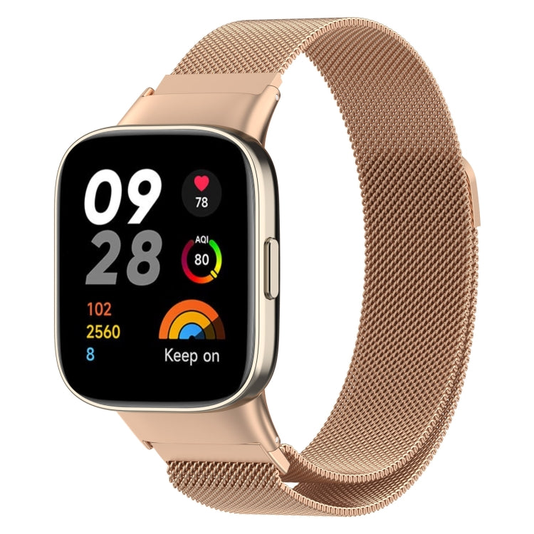 Rose gold milanese metal watch band on smartwatch, mesh links and clasp